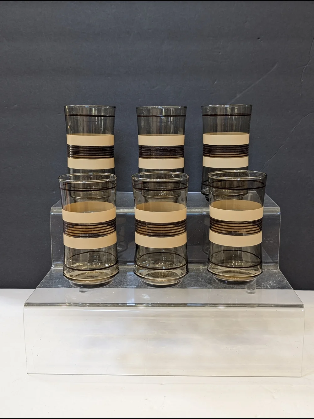 Vintage Libbey Brown Striped Smoked Glass Drinking Tumbler Glasses Set of 6